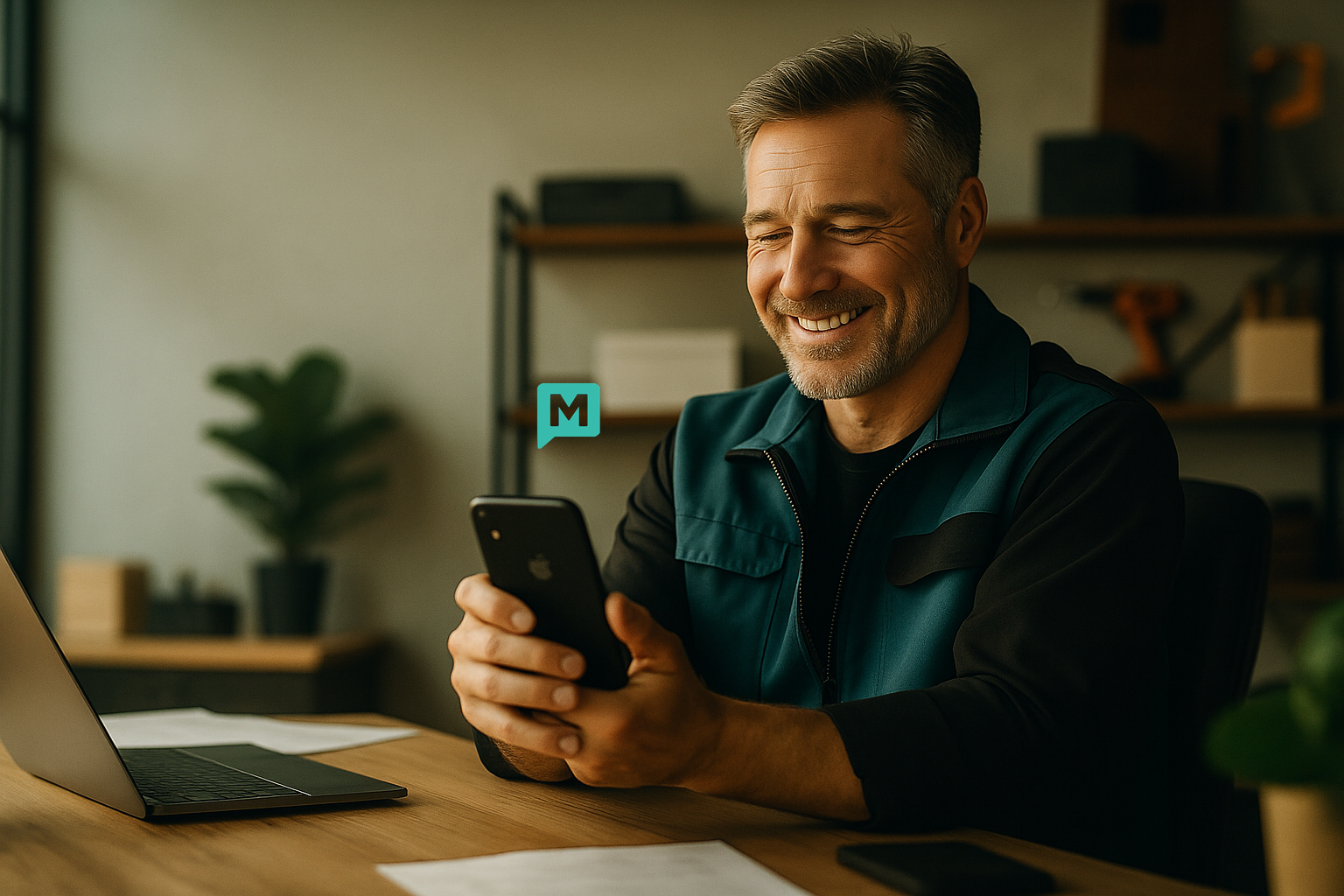 Zufriedener Handwerksmeister profitiert von Maindwerk am Smartphone